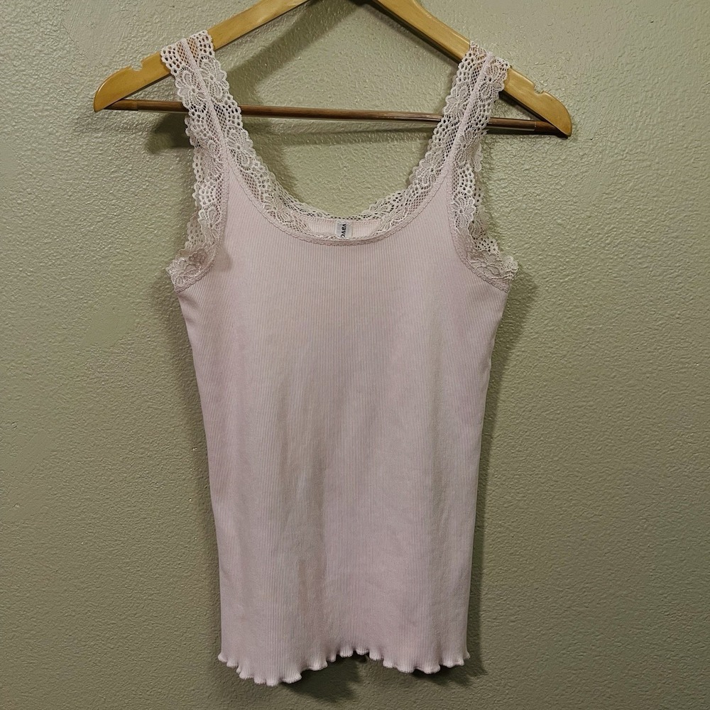 Vavonne Lace Trim Ribbed Camisole Tank Top Pale Pink‎  Romantic Coquette Size M